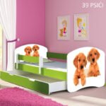 Dječji krevet ACMA s motivom, bočna zelena + ladica 140x70 cm 39 Psići