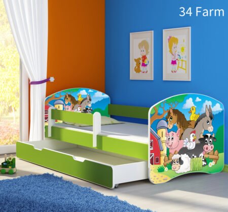 Dječji krevet ACMA s motivom, bočna zelena + ladica 140x70 cm 34 Farm