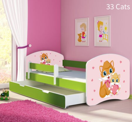 Dječji krevet ACMA s motivom, bočna zelena + ladica 140x70 cm 33 Cats
