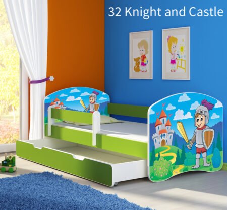 Dječji krevet ACMA s motivom, bočna zelena + ladica 140x70 cm 32 Knight