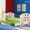 Dječji krevet ACMA s motivom, bočna zelena + ladica 140x70 cm 31 Owls