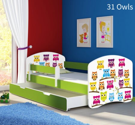 Dječji krevet ACMA s motivom, bočna zelena + ladica 140x70 cm 31 Owls