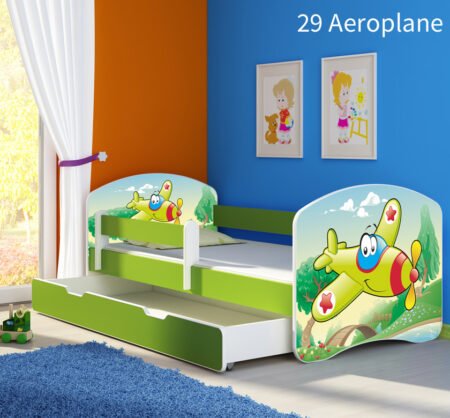 Dječji krevet ACMA s motivom, bočna zelena + ladica 140x70 cm 29 Aeroplane