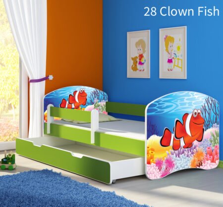 Dječji krevet ACMA s motivom, bočna zelena + ladica 140x70 cm 28 Clown Fish