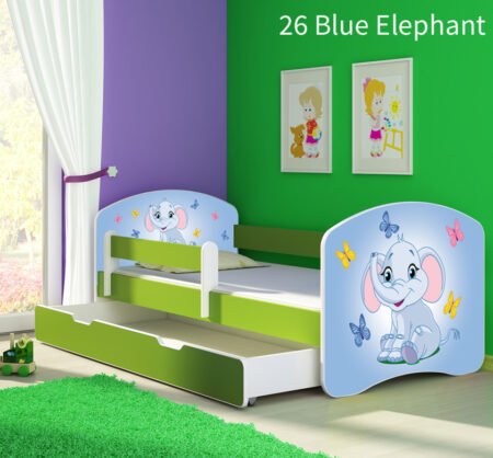Dječji krevet ACMA s motivom, bočna zelena + ladica 140x70 cm 26 Blue Elephant