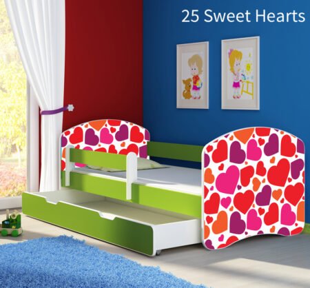 Dječji krevet ACMA s motivom, bočna zelena + ladica 140x70 cm 25 Sweet hearts