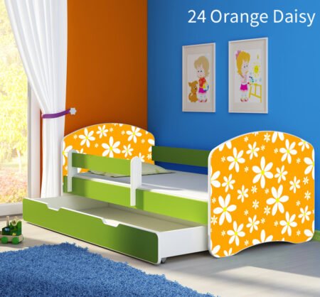 Dječji krevet ACMA s motivom, bočna zelena + ladica 140x70 cm 24 Orange Daisy