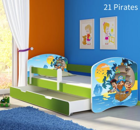 Dječji krevet ACMA s motivom, bočna zelena + ladica 140x70 cm 21 Pirates