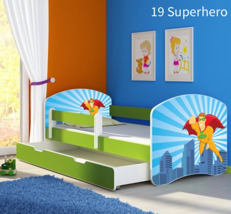 Dječji krevet ACMA s motivom, bočna zelena + ladica 140x70 cm 19 Superhero