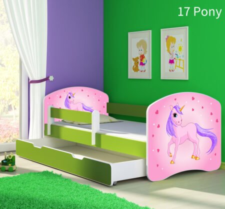 Dječji krevet ACMA s motivom, bočna zelena + ladica 140x70 cm 17 Pony