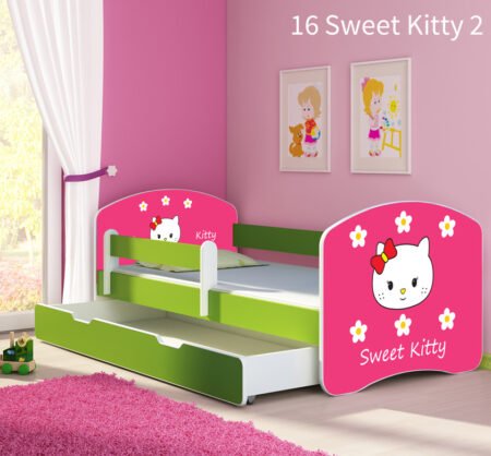 Dječji krevet ACMA s motivom, bočna zelena + ladica 140x70 cm 16 Sweet Kitty 2