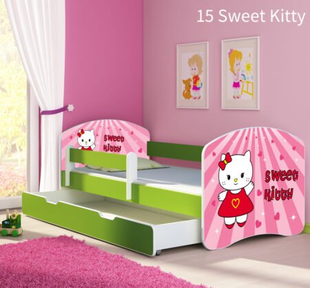 Dječji krevet ACMA s motivom, bočna zelena + ladica 140x70 cm 15 Sweet Kitty