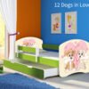 Dječji krevet ACMA s motivom, bočna zelena + ladica 140x70 cm 12 Dogs in Love
