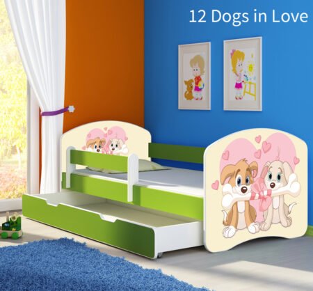 Dječji krevet ACMA s motivom, bočna zelena + ladica 140x70 cm 12 Dogs in Love