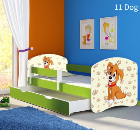 Dječji krevet ACMA s motivom, bočna zelena + ladica 140x70 cm 11 Dog