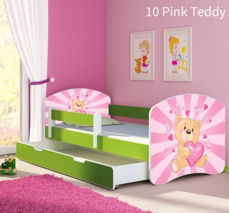 Dječji krevet ACMA s motivom, bočna zelena + ladica 140x70 cm 10 Pink Teddy Bear
