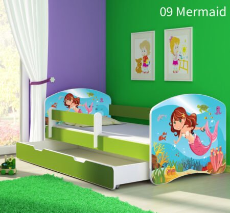 Dječji krevet ACMA s motivom, bočna zelena + ladica 140x70 cm 09 Mermaid