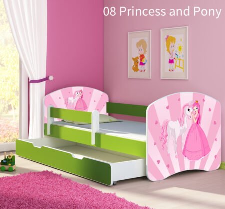Dječji krevet ACMA s motivom, bočna zelena + ladica 140x70 cm 08 Princess with Pony