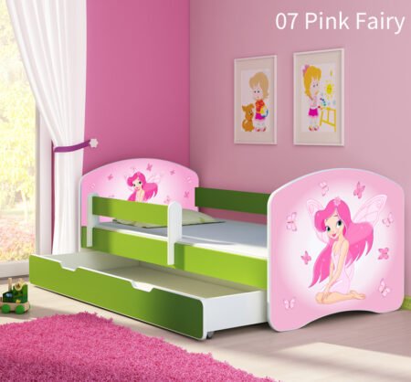 Dječji krevet ACMA s motivom, bočna zelena + ladica 140x70 cm 07 Pink Fairy