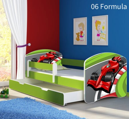 Dječji krevet ACMA s motivom, bočna zelena + ladica 140x70 cm 06 Formula 1