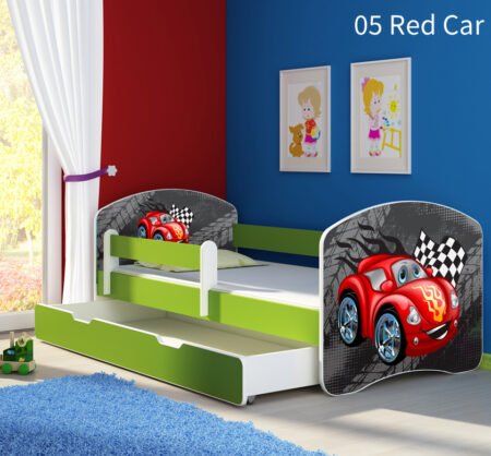 Dječji krevet ACMA s motivom, bočna zelena + ladica 140x70 cm 05 Red Car