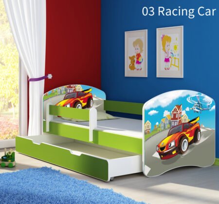 Dječji krevet ACMA s motivom, bočna zelena + ladica 140x70 cm 03 Racing Car