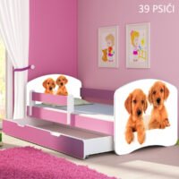 Dječji krevet ACMA s motivom, bočna roza + ladica 140x70 cm 39 Psići