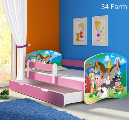 Dječji krevet ACMA s motivom, bočna roza + ladica 140x70 cm 34 Farm