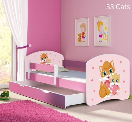 Dječji krevet ACMA s motivom, bočna roza + ladica 140x70 cm 33 Cats