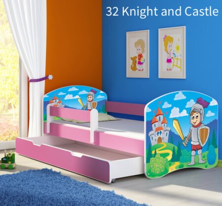 Dječji krevet ACMA s motivom, bočna roza + ladica 140x70 cm 32 Knight