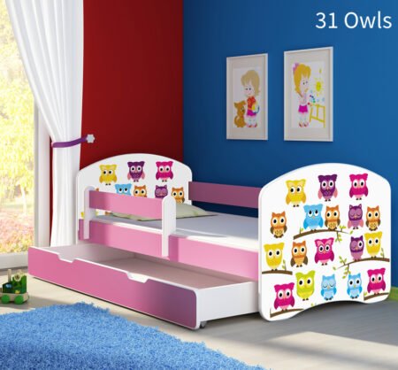 Dječji krevet ACMA s motivom, bočna roza + ladica 140x70 cm 31 Owls