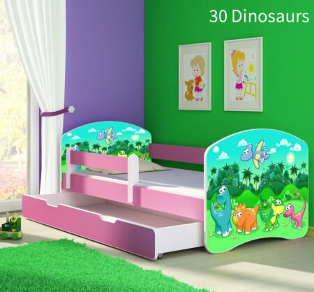 Dječji krevet ACMA s motivom, bočna roza + ladica 140x70 cm 30 Dinosaurs