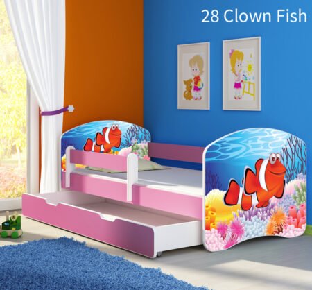 Dječji krevet ACMA s motivom, bočna roza + ladica 140x70 cm 28 Clown Fish