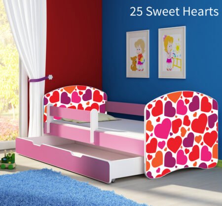 Dječji krevet ACMA s motivom, bočna roza + ladica 140x70 cm 25 Sweet hearts