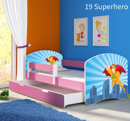 Dječji krevet ACMA s motivom, bočna roza + ladica 140x70 cm 19 Superhero