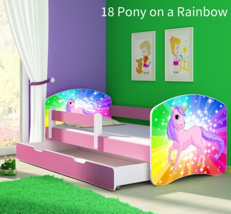 Dječji krevet ACMA s motivom, bočna roza + ladica 140x70 cm 18 Pony on a rainbow