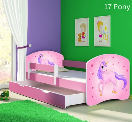 Dječji krevet ACMA s motivom, bočna roza + ladica 140x70 cm 17 Pony