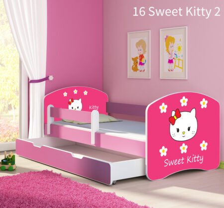 Dječji krevet ACMA s motivom, bočna roza + ladica 140x70 cm 16 Sweet Kitty 2