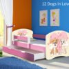 Dječji krevet ACMA s motivom, bočna roza + ladica 140x70 cm 12 Dogs in Love