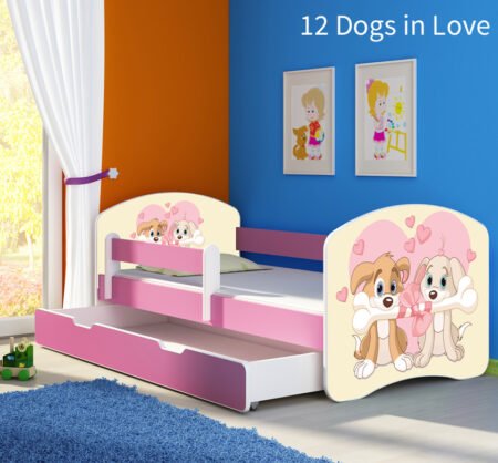 Dječji krevet ACMA s motivom, bočna roza + ladica 140x70 cm 12 Dogs in Love