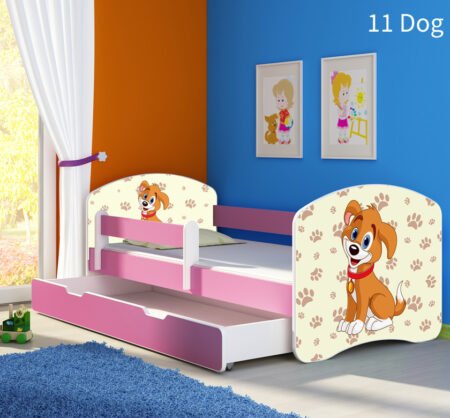 Dječji krevet ACMA s motivom, bočna roza + ladica 140x70 cm 11 Dog