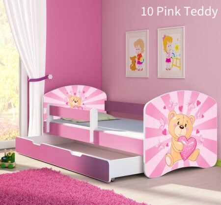 Dječji krevet ACMA s motivom, bočna roza + ladica 140x70 cm 10 Pink Teddy Bear