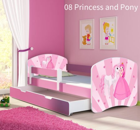 Dječji krevet ACMA s motivom, bočna roza + ladica 140x70 cm 08 Princess with Pony