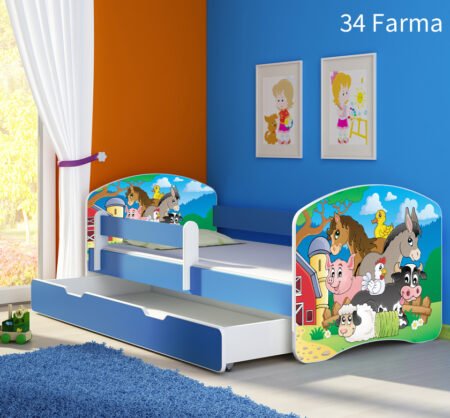 Dječji krevet ACMA s motivom, bočna plava + ladica 140x70 cm 34 Farm