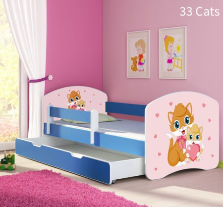 Dječji krevet ACMA s motivom, bočna plava + ladica 140x70 cm 33 Cats