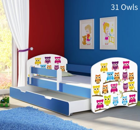 Dječji krevet ACMA s motivom, bočna plava + ladica 140x70 cm 31 Owls