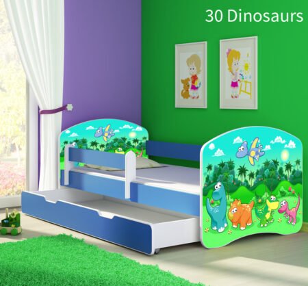 Dječji krevet ACMA s motivom, bočna plava + ladica 140x70 cm 30 Dinosaurs