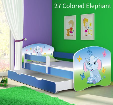 Dječji krevet ACMA s motivom, bočna plava + ladica 140x70 cm 27 Colored Elephant