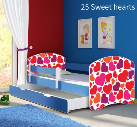 Dječji krevet ACMA s motivom, bočna plava + ladica 140x70 cm 25 Sweet hearts