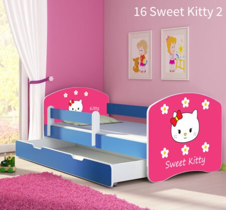 Dječji krevet ACMA s motivom, bočna plava + ladica 140x70 cm 16 Sweet Kitty 2
